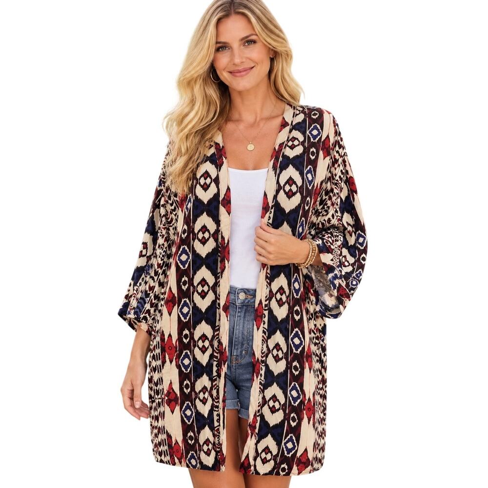 Angie Aztec IKAT Kimono Womens Medium Open Boho Topper Cardigan Coverup